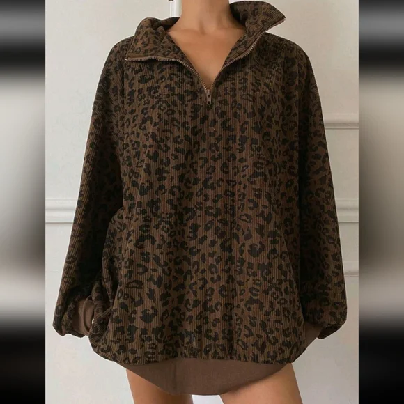 Women Casual Zip Up Front Long Sleeve Leopard Print Sweatshirt - Picture 2 of 4